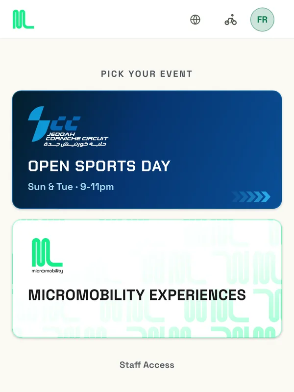 MicroMobility booking app on a phone: the event picker, with Open Sports Day at Jeddah Corniche Circuit